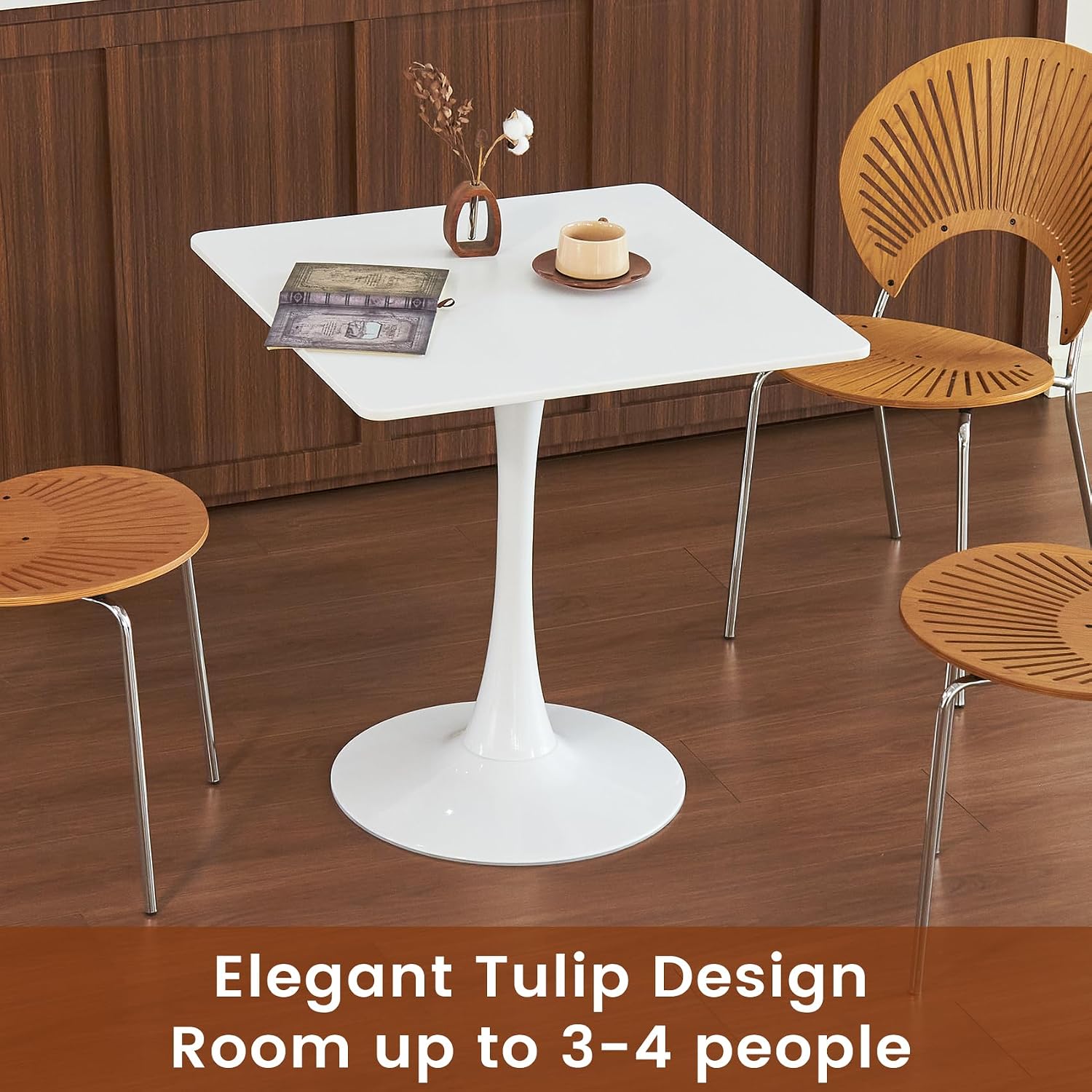 Square Dining Tulip Table for 4, Mid-Century Modern Table with Sturdy Metal Pedestal for Kitchen, Bistro, Cafe, Leisure (White, 27.6 INCH)