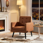 Yaheetech Mid-Century Accent Chairs, PU Leather Modern Upholstered Living Room Chair, Cozy Armchair Button Tufted Back and Wood Legs for Bedroom/Office/Cafe, Retro Brown 2 PCS