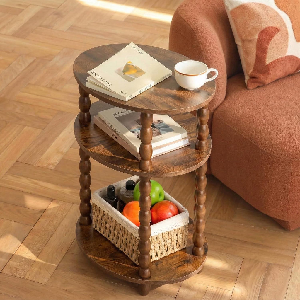 3-Tier Oval Side Table with Solid Wood Legs, Small End Table with Storage Shelves for Living Room Bedroom, Modern Night Stand Accent Table for Small Spaces, Easy Assembly