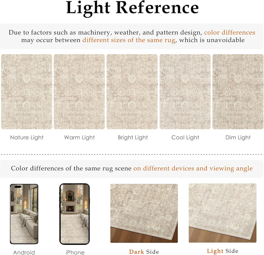 PureCozy 8x10 Beige Living Room Area Rug Vintage Washable Non Slip Indoor Carpet Distressed Low Pile Soft Retro Accent Throw Large Rug for Bedroom Dining Room Office
