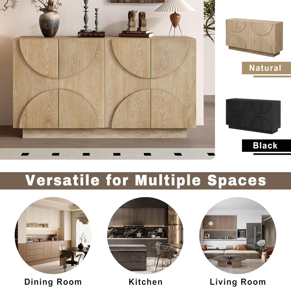 Modern Vintage Arched Door Buffet Sideboard, 56’’W Credenza Storage Cabinet with Adjustable Shelves & Cable Management, Media Console Accent Cabinet for Living Room Hallway Dining, Natural