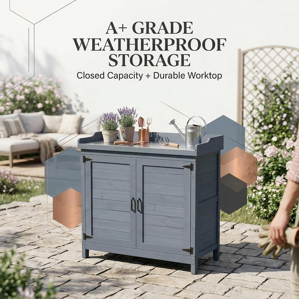 Outdoor Garden Patio Wooden Storage Cabinet Furniture Waterproof Tool Shed with Potting Benches Outdoor Work Station Table (Gray)