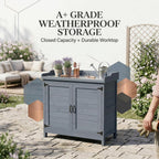 Outdoor Garden Patio Wooden Storage Cabinet Furniture Waterproof Tool Shed with Potting Benches Outdoor Work Station Table (Gray)