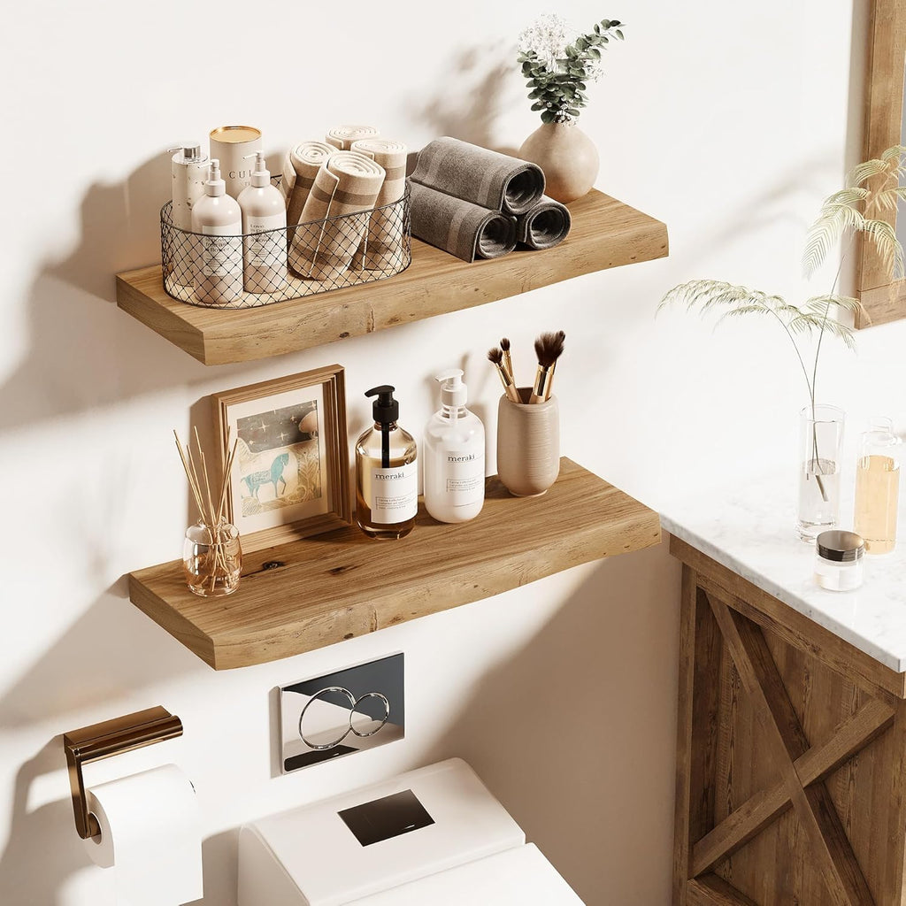 Vivelove Live Edge Floating Shelves Solid Wood, Elm Shelves for Wall with Invisible Bracket for Living Room Bedroom Bathroom Office Book, Rustic Farmhouse Wooden Shelf, 32 Inch Set of 2- Natural