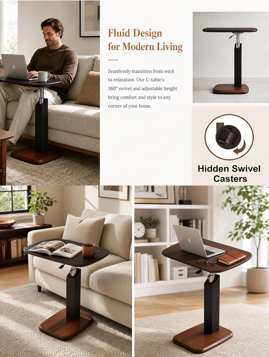 Tray Table with 360° Swivel, Adjustable Height Sofa Laptop Desk, C-Shaped Side Table with Wheels, Multi-Functional End Table for Living Room, Bedroom, Hospital (Walnut Tray + Black Stand)