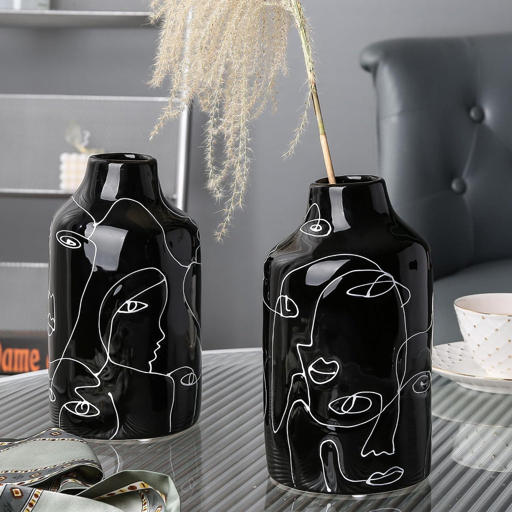 Kimdio Ceramic Vase Set, 2pcs Black Abstract Irregular Design Flower Vases, Modern Home Decor Living Room Decor Minimalist Decorative Vase for Pampas Grass