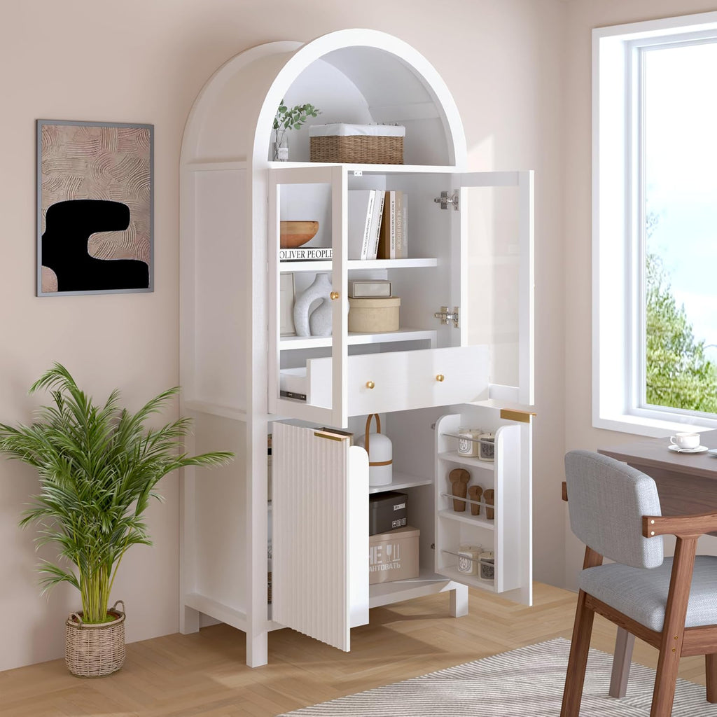 71" Fluted Tall Arched Kitchen Pantry with Glass Door, Farmhouse Storage Cabinet with Adjustable Shelves & Hidden Drawer for Kitchen, Living Room, Dining Room, White