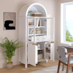 71" Fluted Tall Arched Kitchen Pantry with Glass Door, Farmhouse Storage Cabinet with Adjustable Shelves & Hidden Drawer for Kitchen, Living Room, Dining Room, White