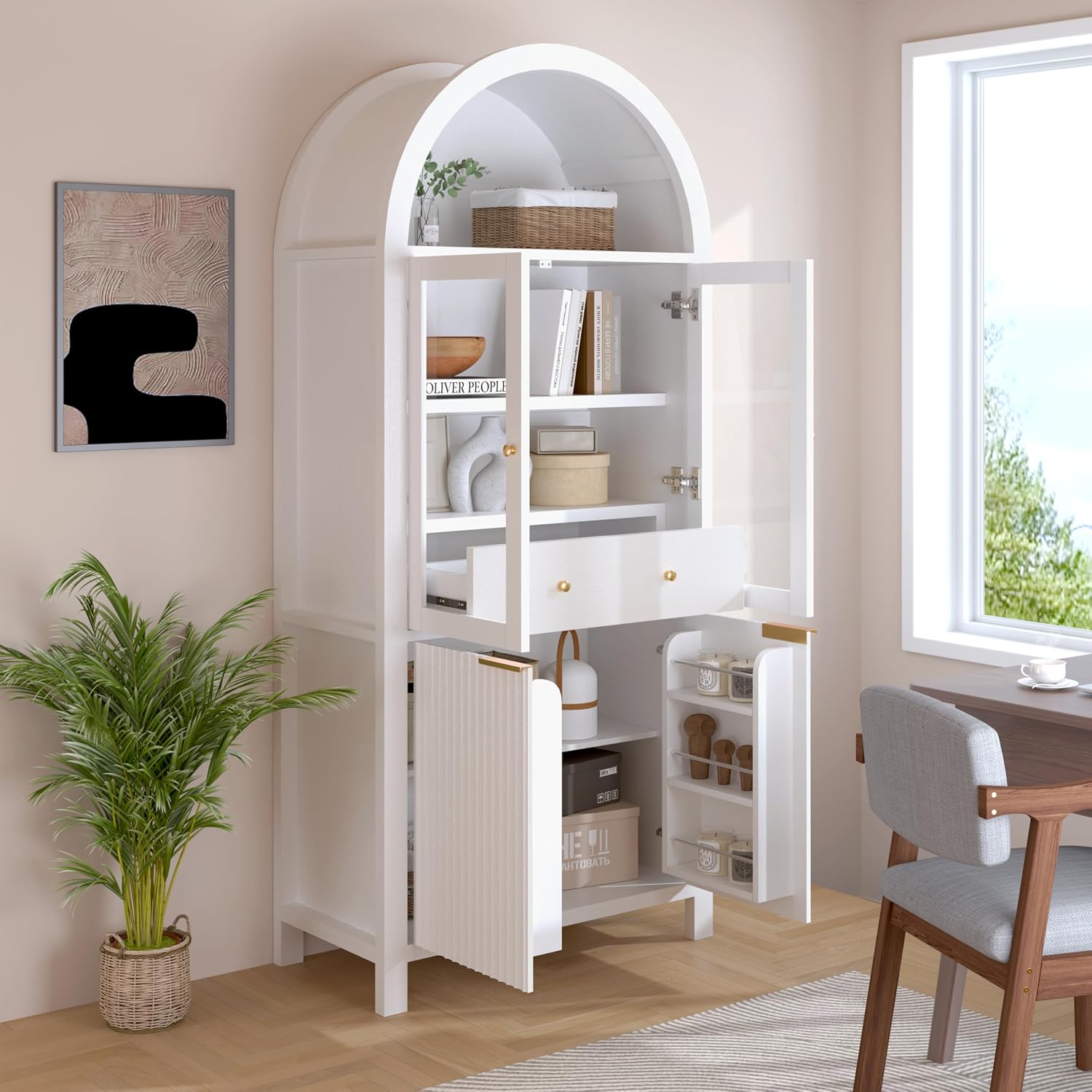 71" Fluted Tall Arched Kitchen Pantry with Glass Door, Farmhouse Storage Cabinet with Adjustable Shelves & Hidden Drawer for Kitchen, Living Room, Dining Room, White
