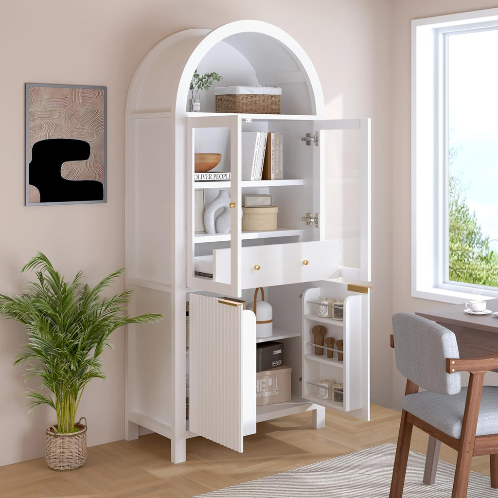 Fluted Tall Pantry Cabinet with Glass Door & Adjustable Shelves for Kitchen Storage and Living Room, Modern Farmhouse Arched Display Cabinet (White)