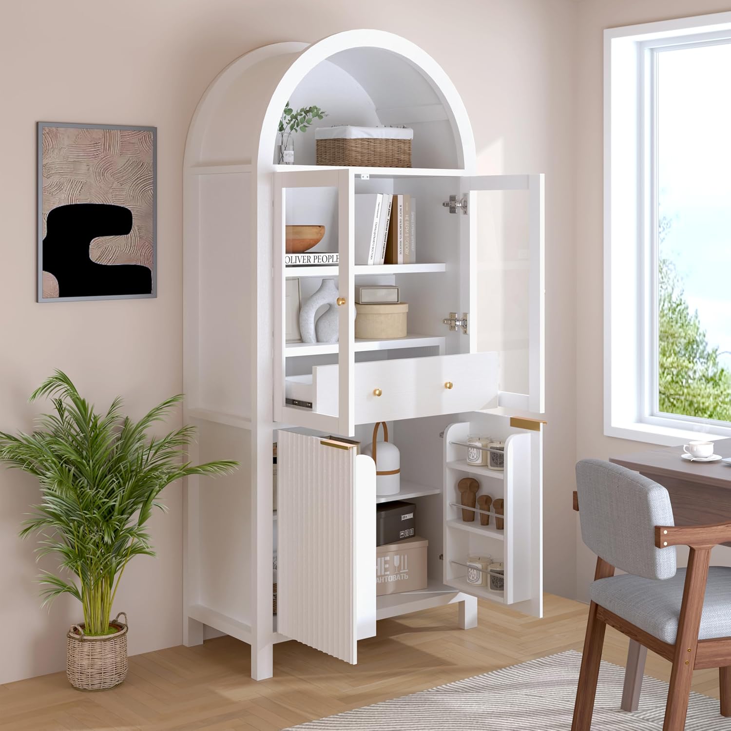Fluted Tall Pantry Cabinet with Glass Door & Adjustable Shelves for Kitchen Storage and Living Room, Modern Farmhouse Arched Display Cabinet (White)