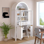 Fluted Tall Arched Pantry Cabinet with Adjustable Shelves & Hidden Drawer - Glass Door Storage for Kitchen, Living Room, Dining Room - Modern Elegant Display Unit (White)