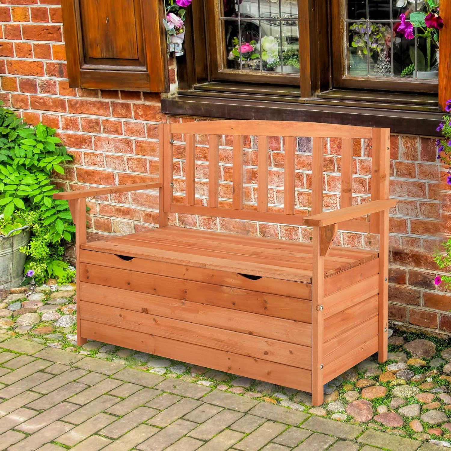 44Inch Yard Storage Bench with Backrest & Armrest, Outdoor Patio Seat Box, Outdoor Storage Bench Cedar Yard Box Patio Seating Garden Furniture,Garden Seating | Yard Storage Benchs - Bright Orange Red