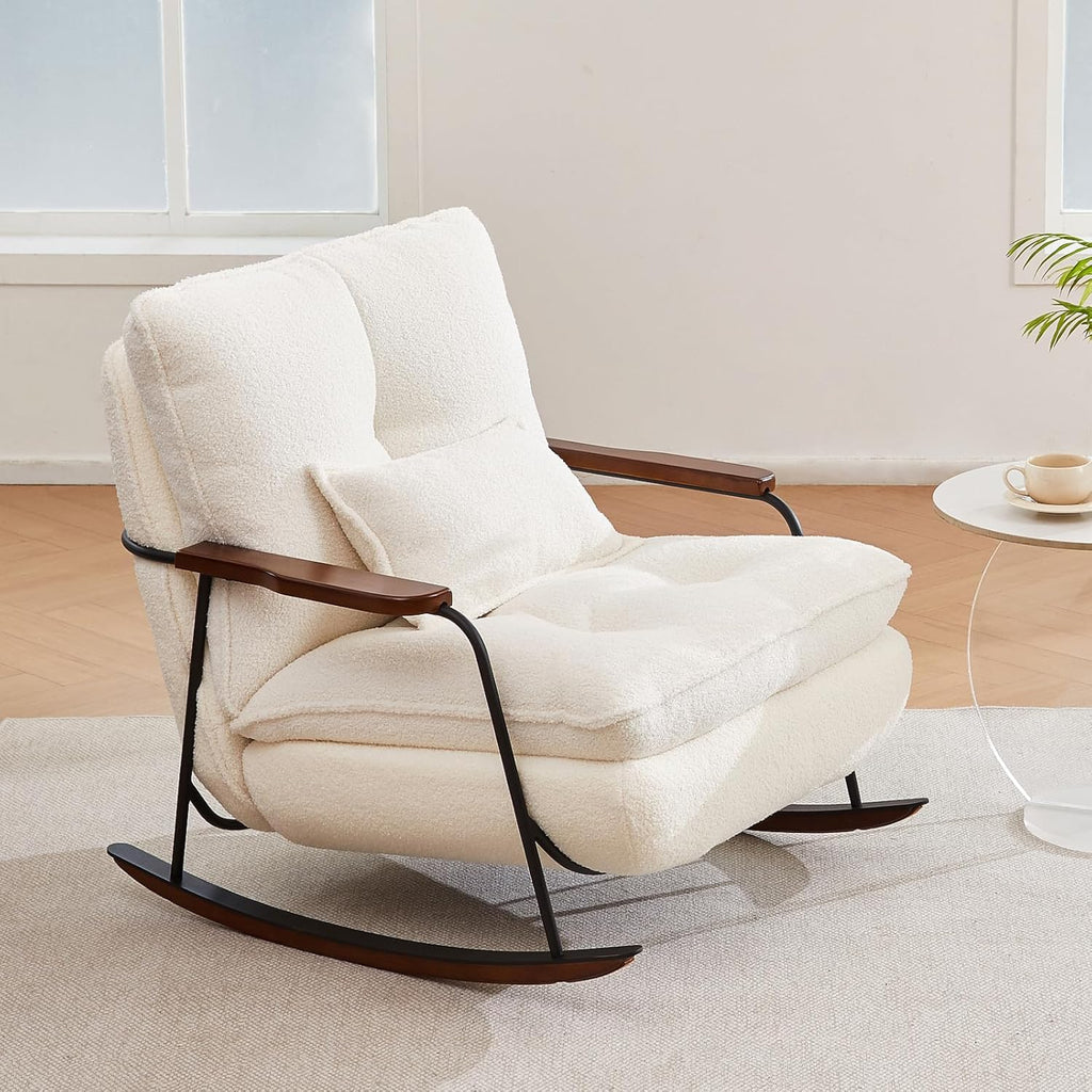 zyz Oversized Nursery Rocking Chair with Pillow, Teddy Upholstered Rocker Chair with Solid Wood & Steel Frame, 25° Gentle Rocking Accent Chair with DIY Ottoman Footrest for Living Room Bedroom, White