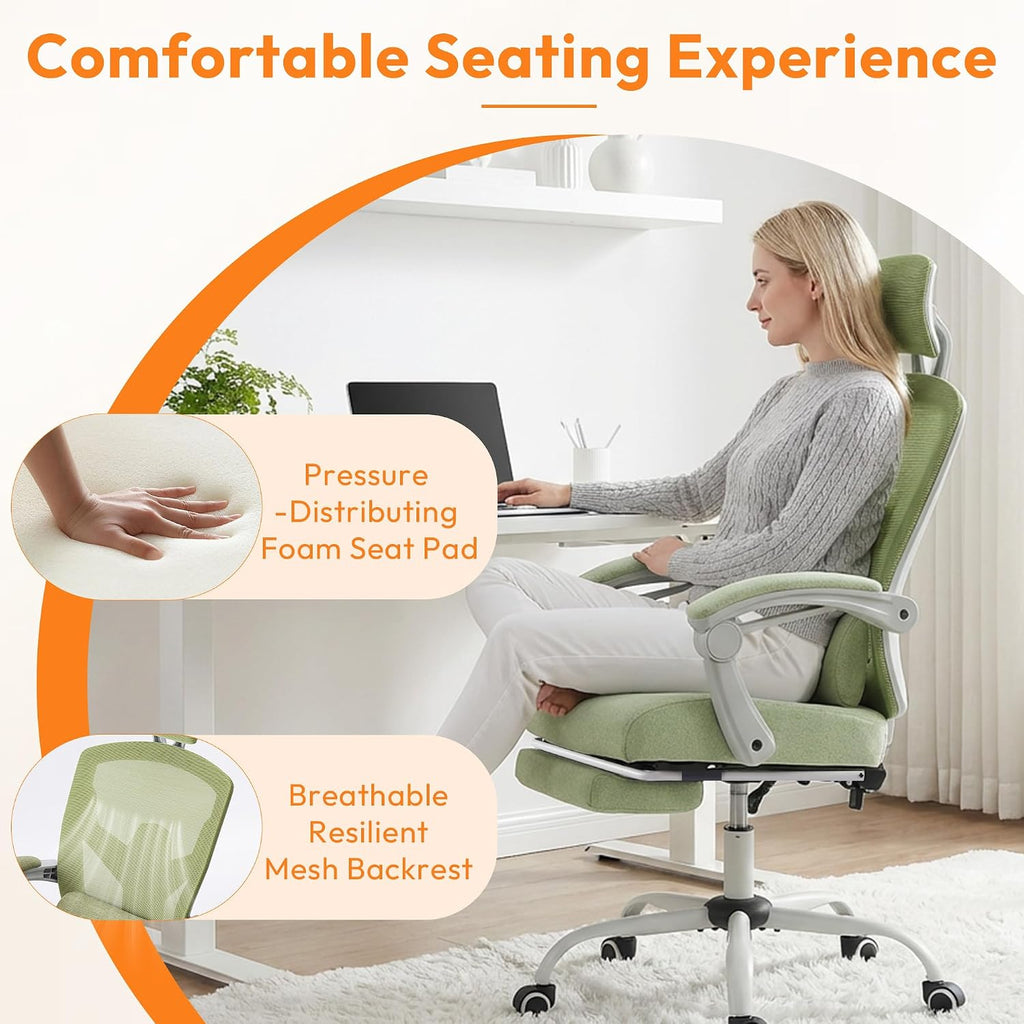 Home Office Desk Chair, Comfortable Mesh Computer Chair with Foot Rest, Reclining Gaming Chair with Headrest and Lumbar Support, 90°-130° Reclining, Light Green