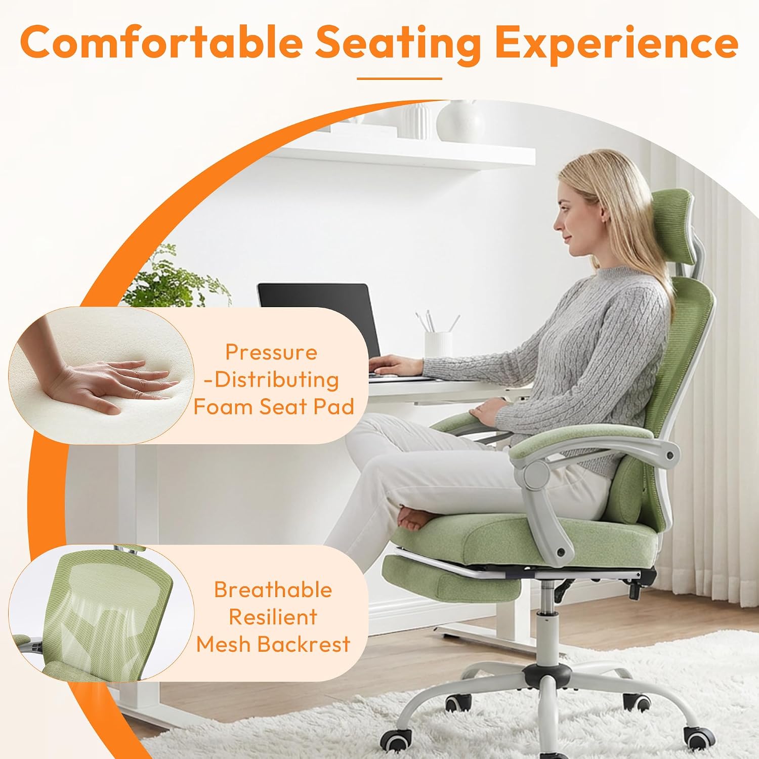 Home Office Desk Chair, Comfortable Mesh Computer Chair with Foot Rest, Reclining Gaming Chair with Headrest and Lumbar Support, 90°-130° Reclining, Light Green