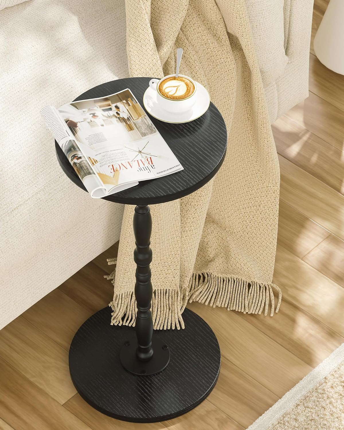 Round Side Table, Drink Table for Small Spaces, Vintage Accent Side Table, Pedestal End Tables for Bedroom, Living Room, Sofa Couch and Corners, Black
