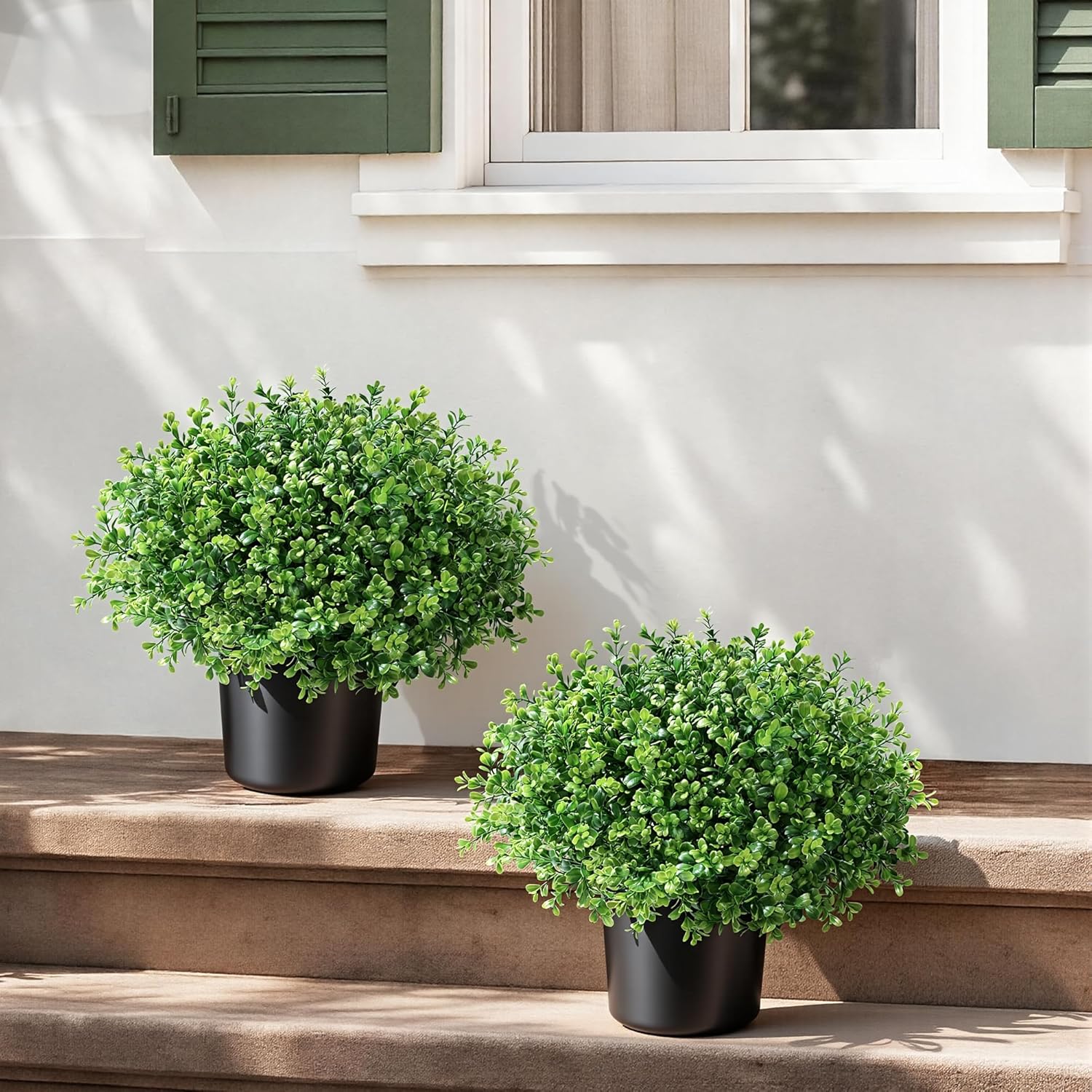 Fake Plants Artificial Plants Outdoor for Spring Summer Decor, 2 Pack Boxwood Fake Potted Plant Artificial Greenery Realistic UV Resistant Faux Outdoor Plant with Pot for Outside Porch Garden Patio