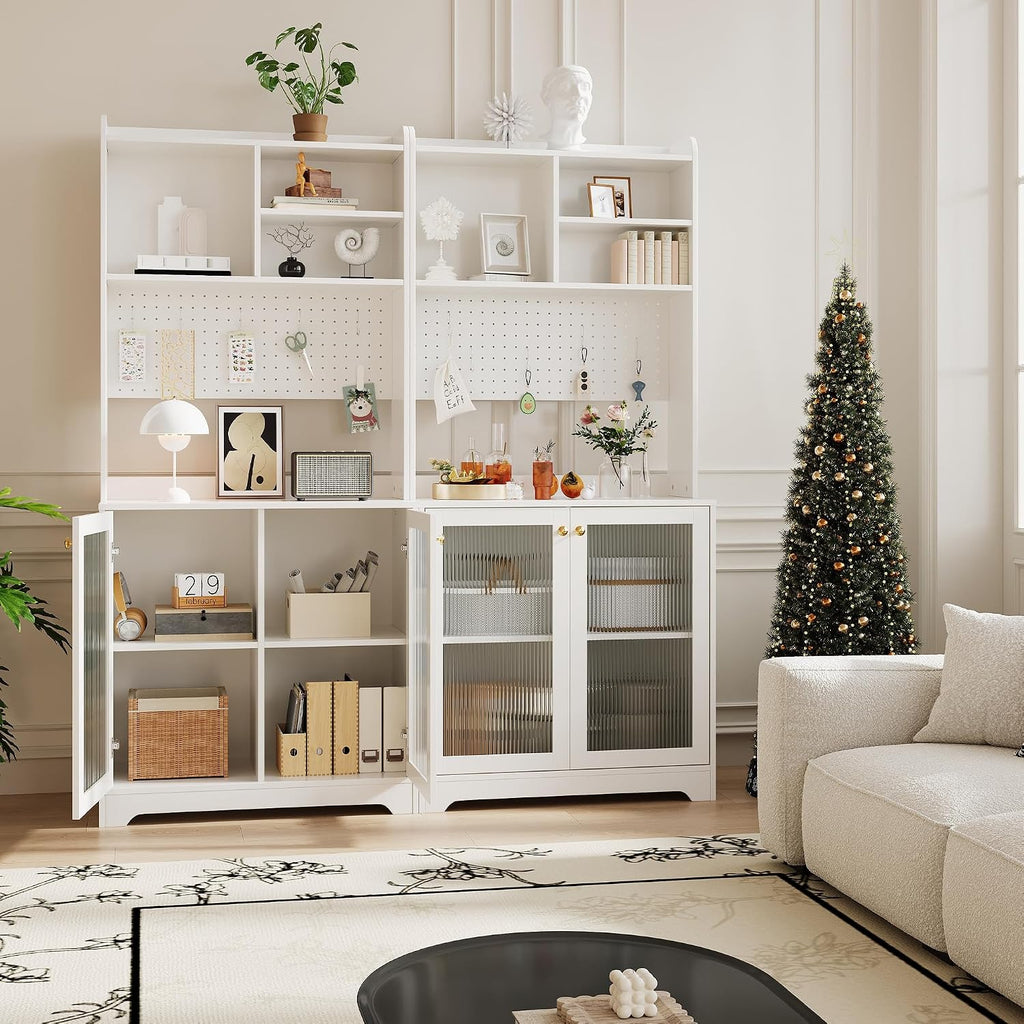 TrailBlaze Versatile Freestanding Kitchen Pantry Cabinet - 71" Tall Sideboard Buffet with Pegboard, 2 Glass Doors, Adjustable Shelves & 6 Hooks, Multi-Compartment Storage for Dining Room or Hallway