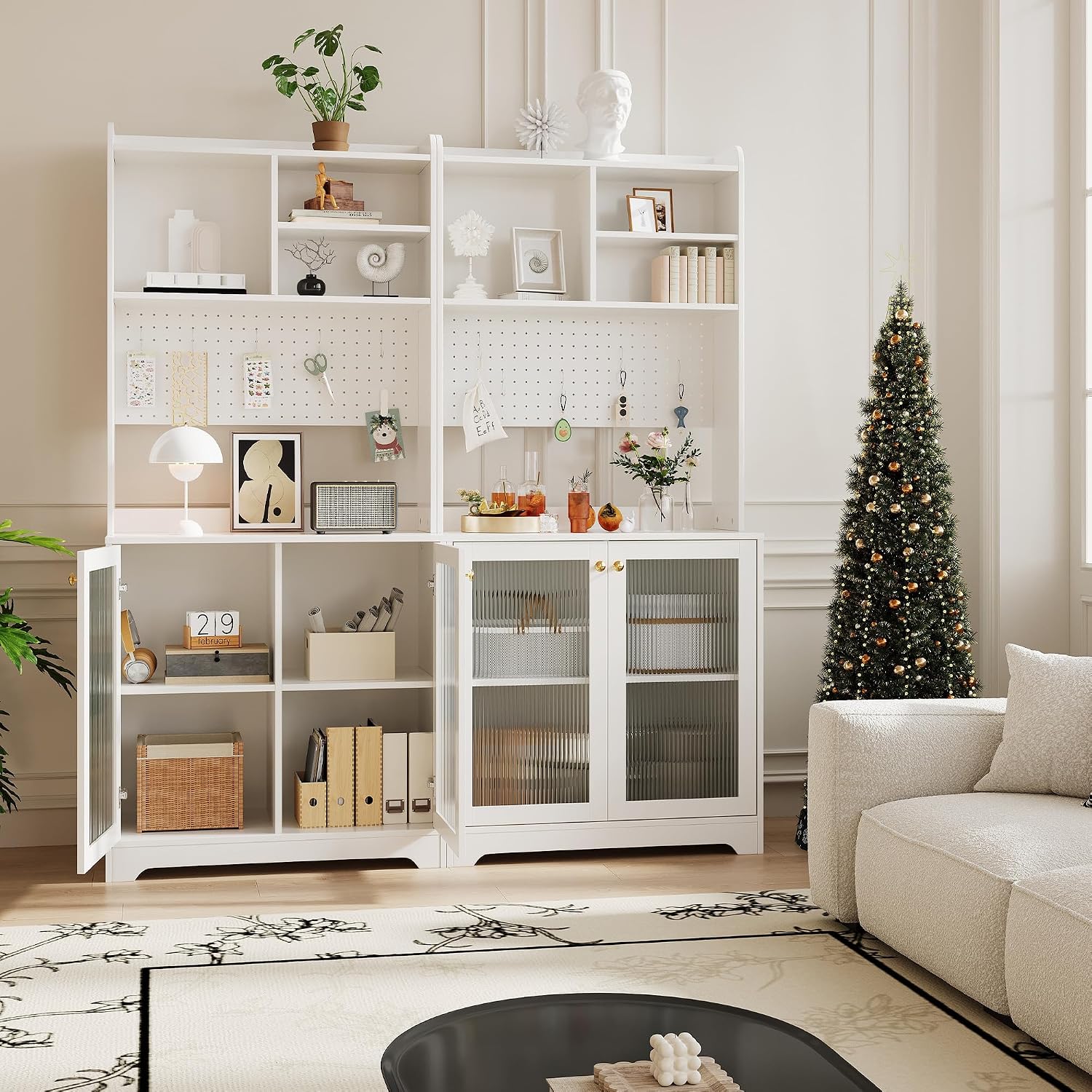 TrailBlaze Versatile Freestanding Kitchen Pantry Cabinet - 71" Tall Sideboard Buffet with Pegboard, 2 Glass Doors, Adjustable Shelves & 6 Hooks, Multi-Compartment Storage for Dining Room or Hallway
