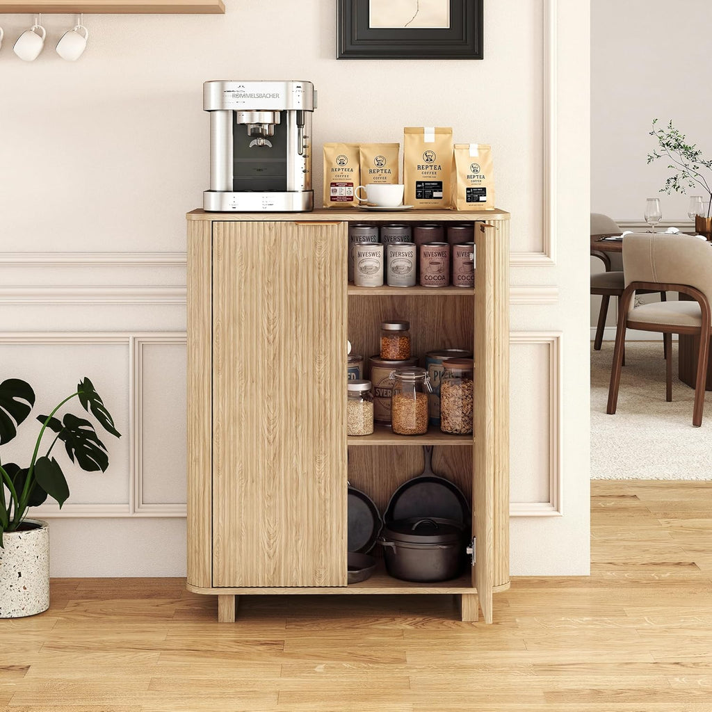 Fluted Entryway Shoe Storage Cabinet with Doors, 5 Tier 39'' Tall Freestanding Modern Shoe Rack Organizer Cabinet with 3 Adjustable Shelves for Hallway, Foyer, Entrance, MDF - Natural
