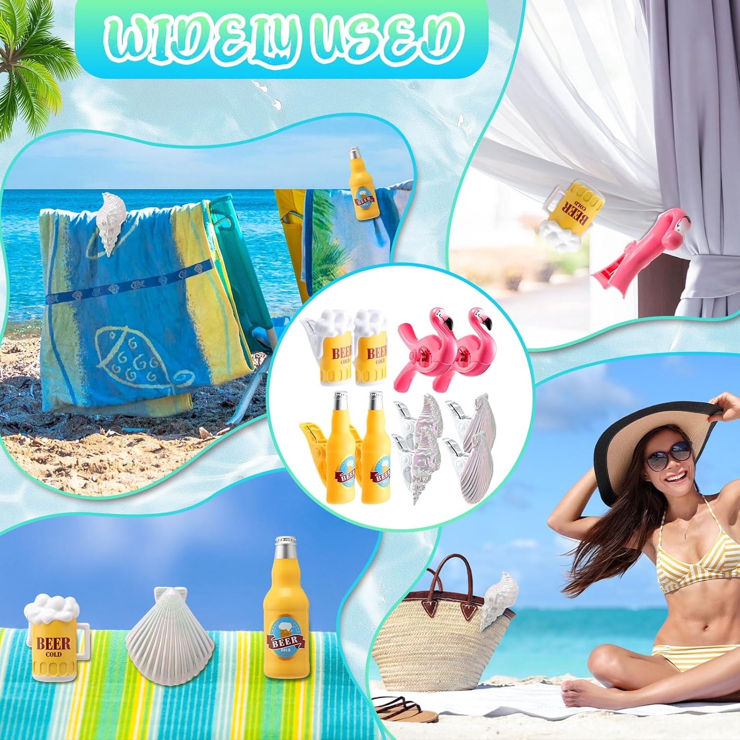 CHENGU 10 Pcs Beach Towel Clips Towel Clips Chair Holders for Beach Chairs Jumbo Size Plastic Clothes Pins Flamingo Parrot Pineapple Watermelon Seashell Ice Cream Beer Mug(Distinctive Style)