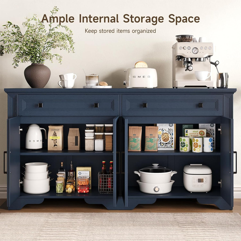 ONBRILL 63" Sideboard Buffet Cabinet, Kitchen Buffet Storage Cabinet, Large Credenza with Drawers & Doors, Wood Coffee Bar Console Wine Bar for Living Room Hallway Blue