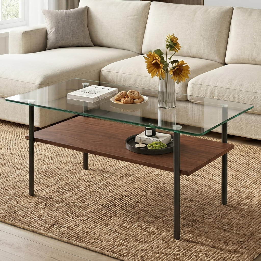 Glass Coffee Table Modern Center Table, Coffee Table for Living Room, Tempered Glass-top with Sturdy Metal Frame, Easy Assembly, Clear
