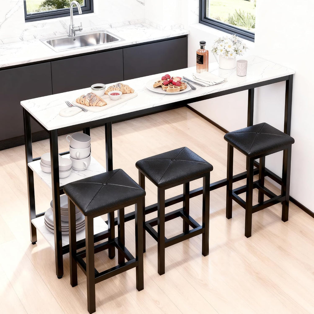 uhomepro 4-Piece Kitchen Bar Table Set with Storage Shelves - 57.1” Sofa Table with Stools, Simple Style, Easy Assembly, Perfect for Small Spaces, Restaurants, and Studio Apartments (White+Black)