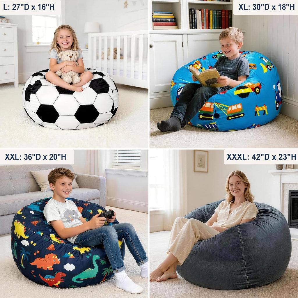 Lukeight Stuffed Animals Storage Bean Bag Chair Cover, Large 27 x 16 in | Dinosaur Cozy Velvet Plush Toy Organizer Seat for Kids, Cover Only, No Filling Included, Long YKK Zipper, Side Pocket