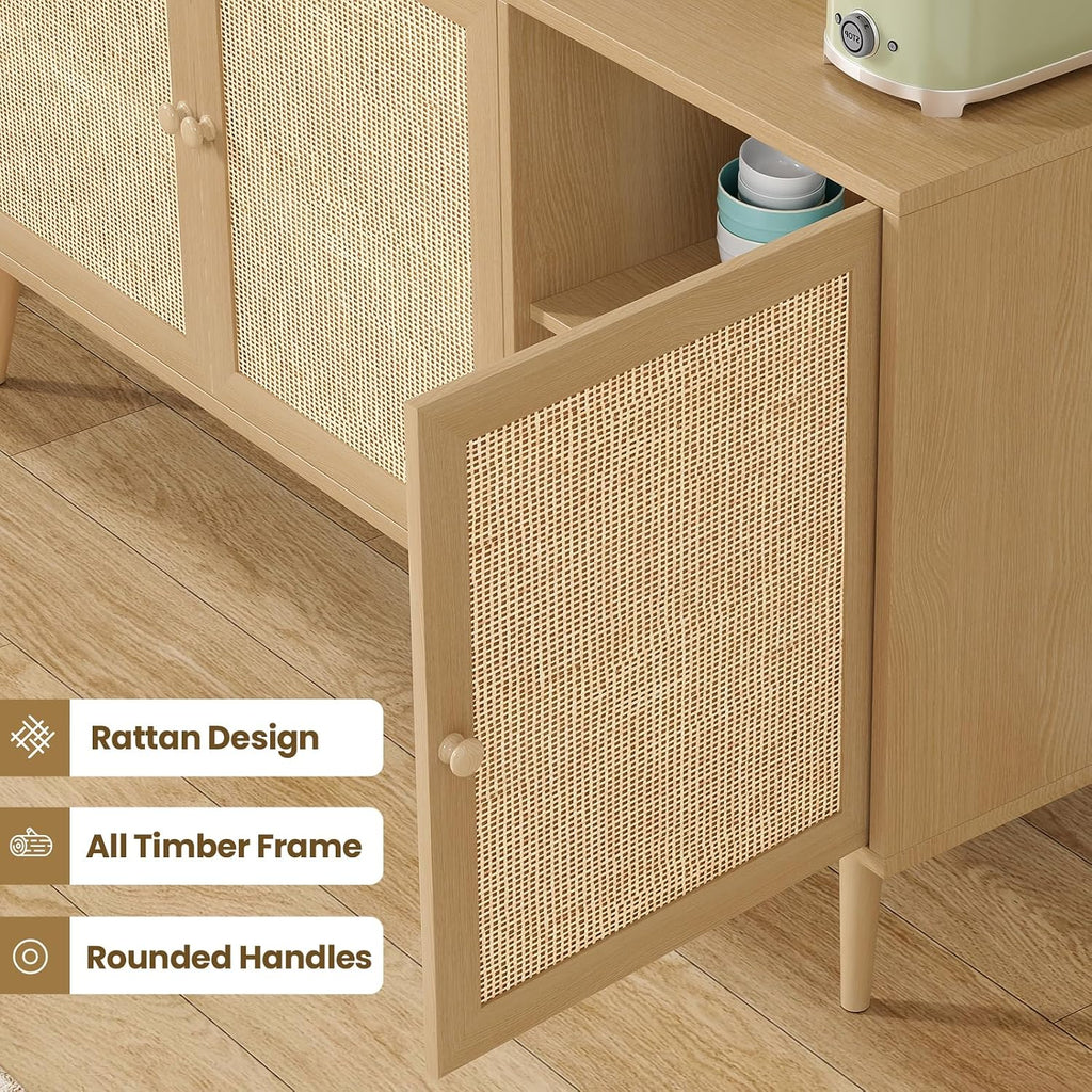 Farini 59.1" Buffet Cabinet with 3 Rattan Doors,Kitchen Sideboard for Dining Room, Hallway & Living Room, Coffee Bar Storage Console Table,Natural