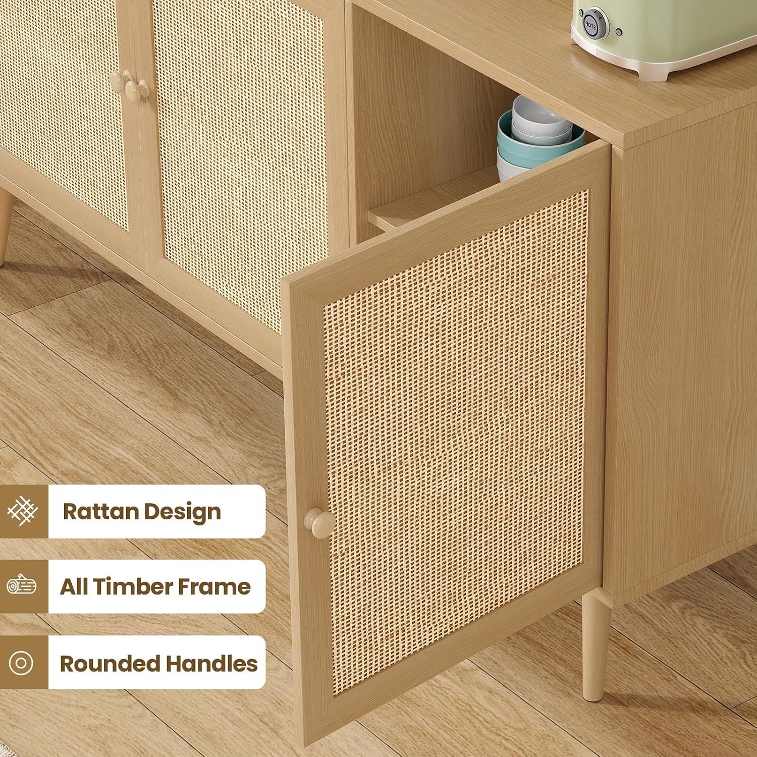 Farini 59.1" Buffet Cabinet with 3 Rattan Doors,Kitchen Sideboard for Dining Room, Hallway & Living Room, Coffee Bar Storage Console Table,Natural