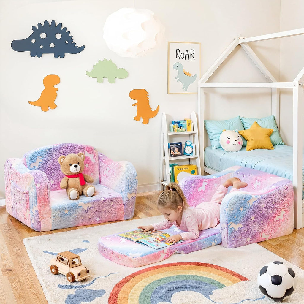 Lamerge 2-in-1 Toddler Couch,Glow in The Dark Baby Floor Bed,Foldable Toddler Chair Kids Sofa for playroom,Convertible Sofa to Lounger for Girls and Boys (Rainbow and Unicorn)