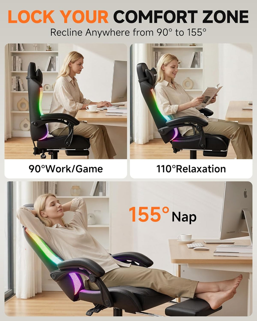 GTPLAYER Gaming Chair, Ergonomic Computer Office Chairs for Adults with Footrest, Height Adjustable, Linkage Armrests, 90-155° Recline & Headrest Lumbar Support, RGB Black