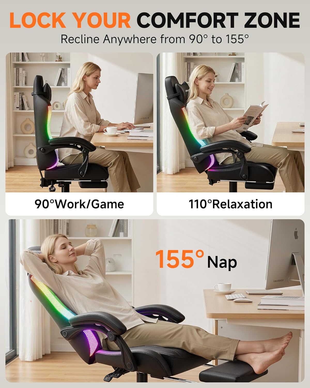 GTPLAYER Gaming Chair, Ergonomic Computer Office Chairs for Adults with Footrest, Height Adjustable, Linkage Armrests, 90-155° Recline & Headrest Lumbar Support, RGB Black