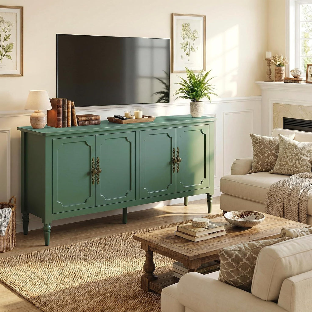 RoyalCraft Buffet Cabinet with Storage, 59" Vintage Sideboard with Adjustable Shelves, Mid Century Modern Painted Credenza Coffee Bar for Kitchen, Dining Room, Entryway, Living Room, Forest Green