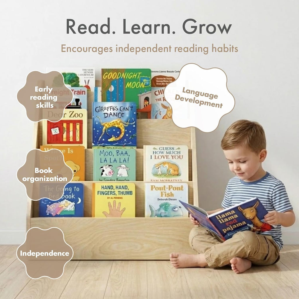 Humble Crew Kids Bookshelf, 5-Tier Front Facing Bookcase, Solid Wood Montessori Toddler Bookcase for Playroom, Bedroom & Reading Corner, 44” Wide