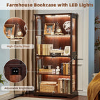 LELELINKY Farmhouse Glass Display Cabinet with Doors, Wooden Curio Cabinet for Collectibles with 3-Color LED Motion-Sensor Light & Reinforced Base, Walnut