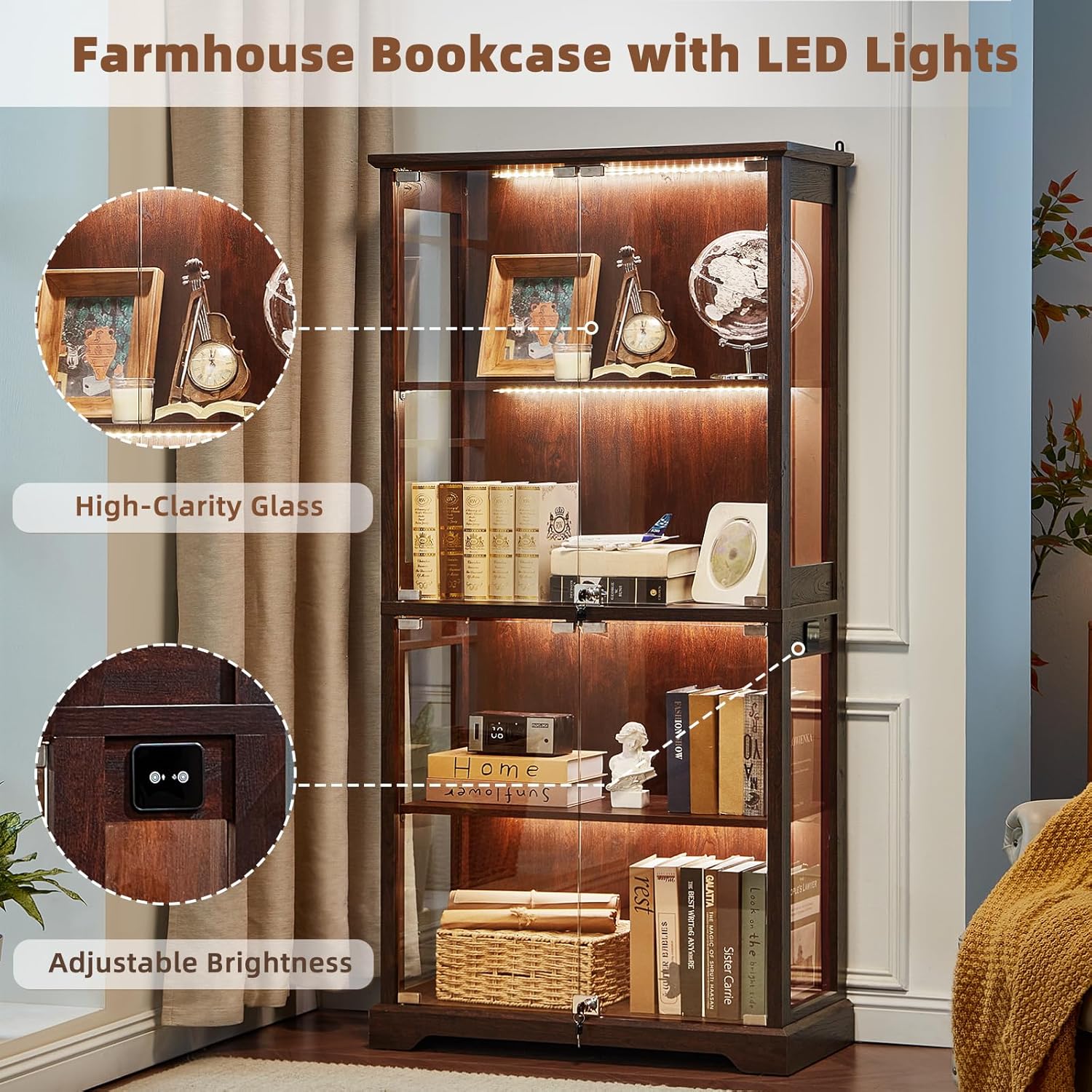 LELELINKY Farmhouse Corner Display Cabinet with Glass Doors, Corner Curio Cabinet with 3-Color LED Motion-Sensor Light, Reinforced Base, Walnut