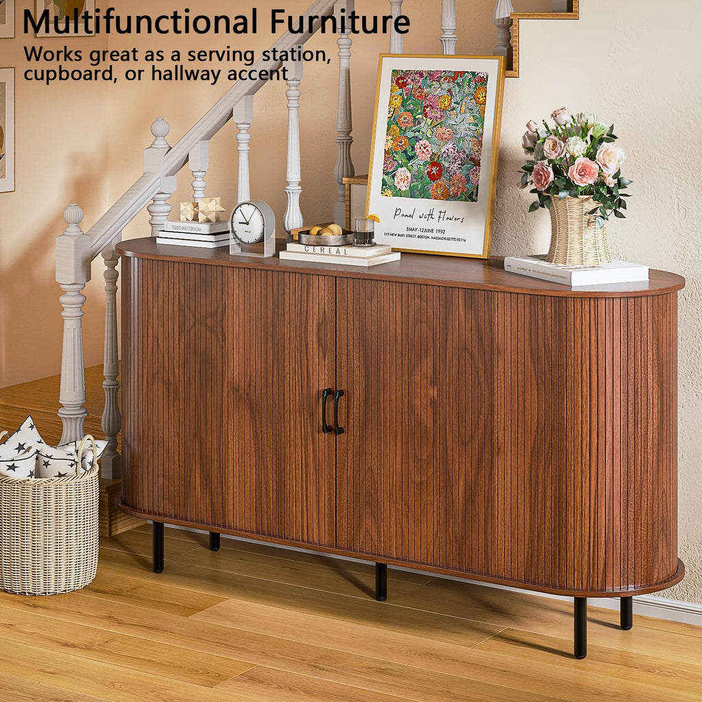 TAVATA Sideboard Buffet Cabinet with Storage, 55" Fluted Storage Cabinet with Tambour Sliding Doors, Wood Coffee Bar Console Table for Living Room Hallway Entryway (Walnut)