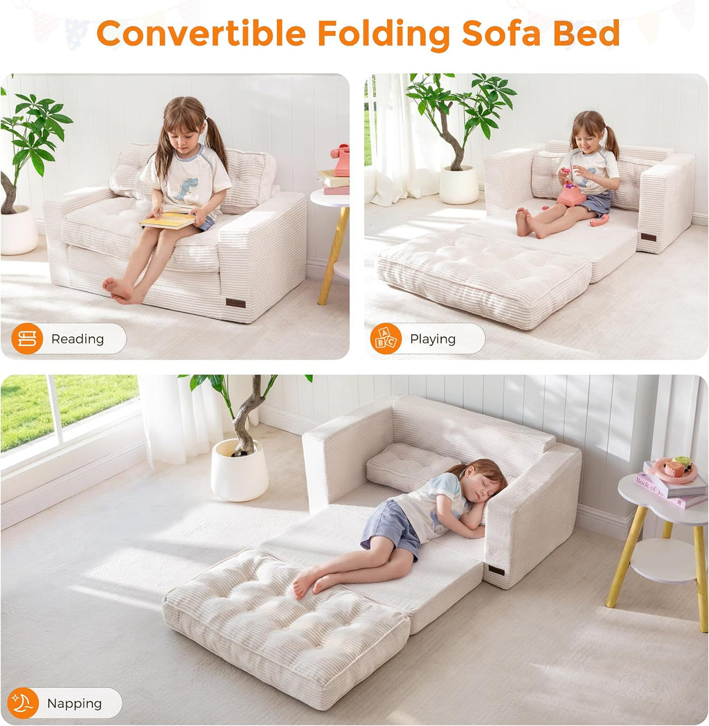 MAXYOYO Convertible Sofa Bed for Boys and Girls, Floor Kids Bean Bag Chair | Pull Out Folding Kids Sofa Chair, Comfy Kids Bean Bag Chair for Playroom, Children's Day & Birthday, Beige