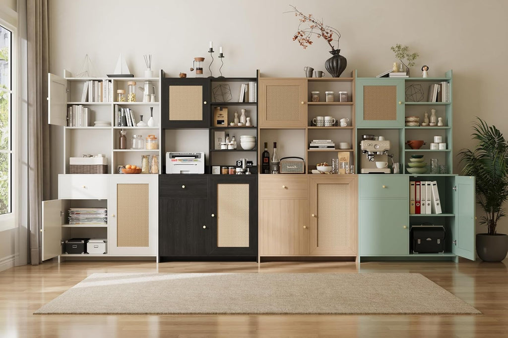 71'' Tall Kitchen Pantry Storage Cabinet, Kitchen Hutch Bar Cabinet with Microwave Stand, Farmhouse Buffet Cabinet w/Drawer, 3 Adjustable Shelf & 3 Rattan Doors for Kitchen, Dining Room (Green)