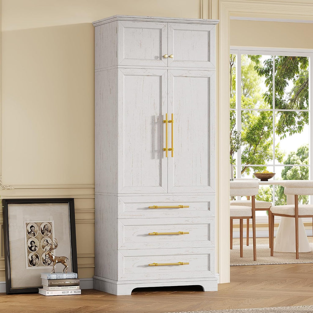 Farmhouse Kitchen Pantry Cabinet with 8 Door Shelves and 3 Large Drawers, Tall Storage Cabinet Cupboard with Adjustable Shelves for Kitchen, Dining Room, Bathroom (Retro White)