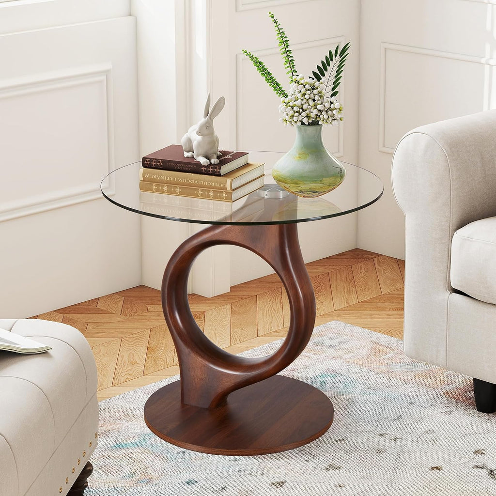 27.5” Large Glass End Table, Round Side Tables with Tempered Glass Tabletop, Modern Night Stand Sofa Table, Small Coffee Table with Wooden Base for Living Room Office Bedroom, Walnut