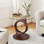 27.5” Large Glass End Table, Round Side Tables with Tempered Glass Tabletop, Modern Night Stand Sofa Table, Small Coffee Table with Wooden Base for Living Room Office Bedroom, Walnut
