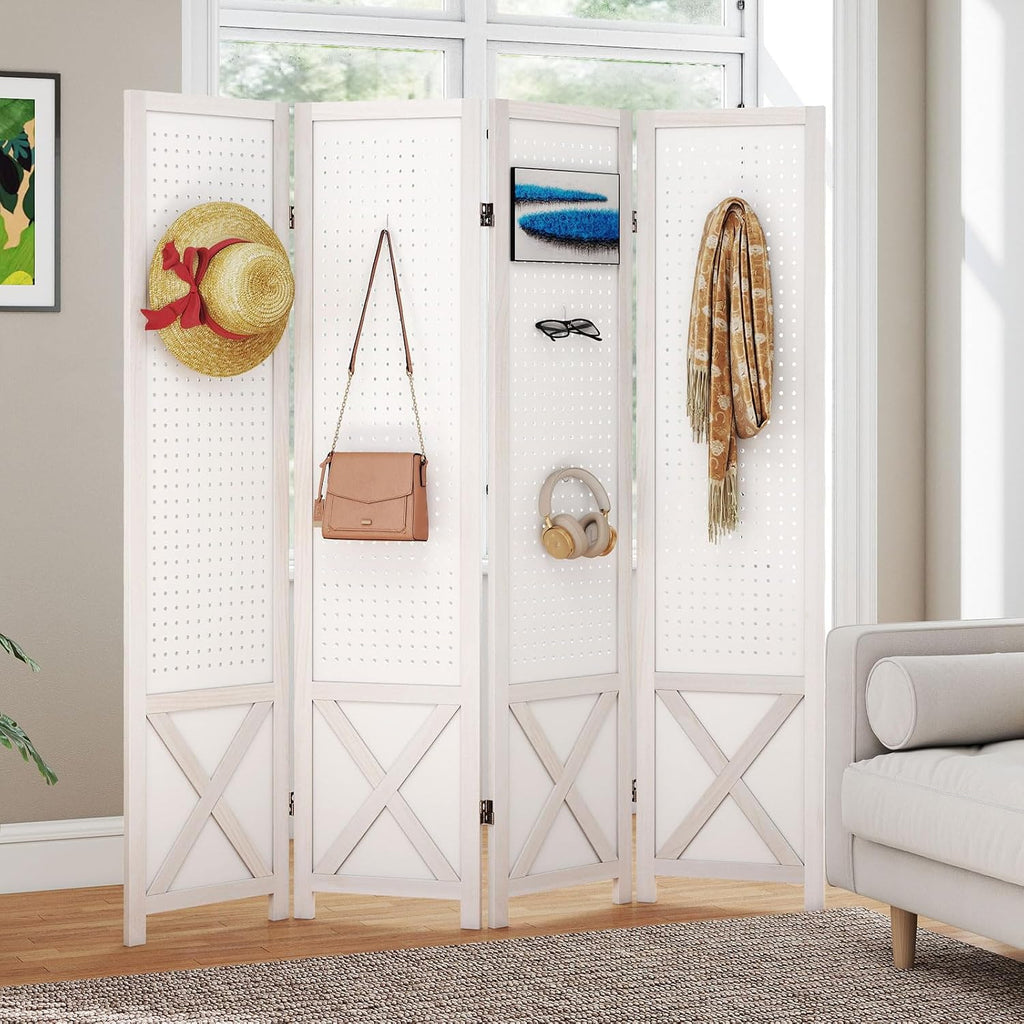 GOFLAME 4 Panel Pegboard Freestanding, 5.6 FT Display Stand with Solid Wood Frame, Foldable Privacy Screen, Room Separator, Display Board Organizer for Retail, Craft Show, White