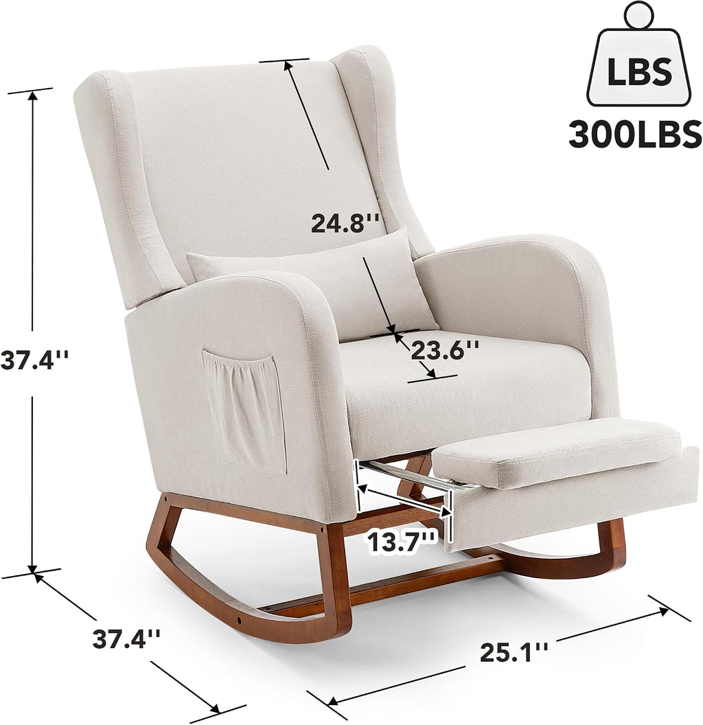 Nursery Rocking Chair with Footrest, Glider Rocking Nursing Chair Indoor, Upholstered Accent Nursery Glider Chair Rubber Wood Legs for Baby Nurser, Bedroom, Living Room, Beige