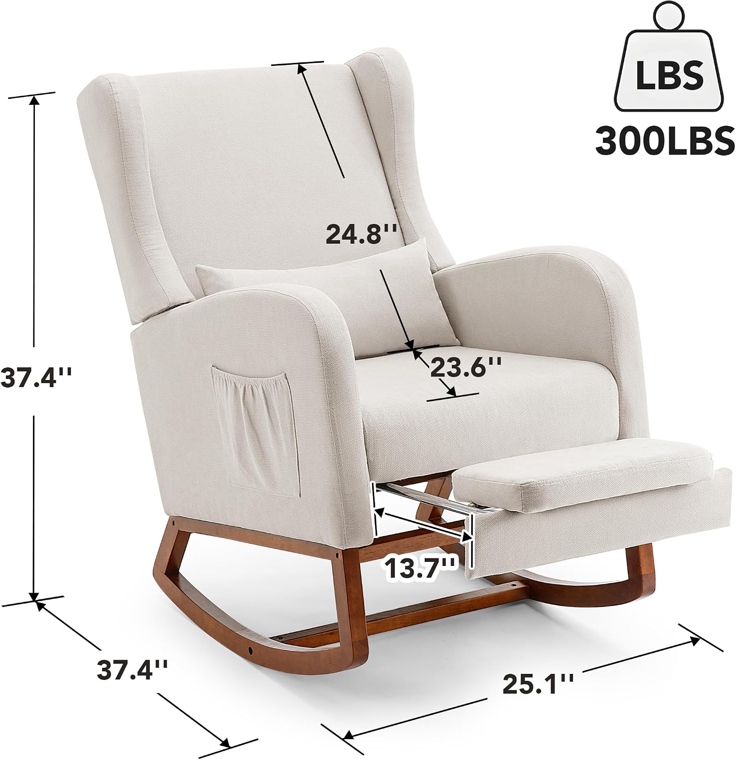 Nursery Rocking Chair with Footrest, Glider Rocking Nursing Chair Indoor, Upholstered Accent Nursery Glider Chair Rubber Wood Legs for Baby Nurser, Bedroom, Living Room, Beige