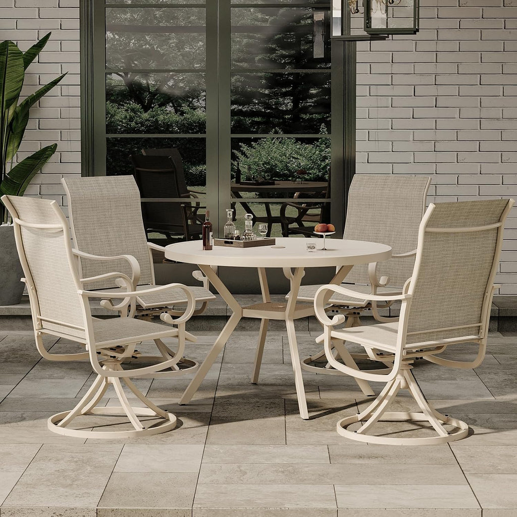 42" Outdoor Patio Table Dining Table All Weather Metal Round Patio Dining Table with Adjustable Umbrella Hole Patio Furniture for Lawn Garden Backyard, Sandshell