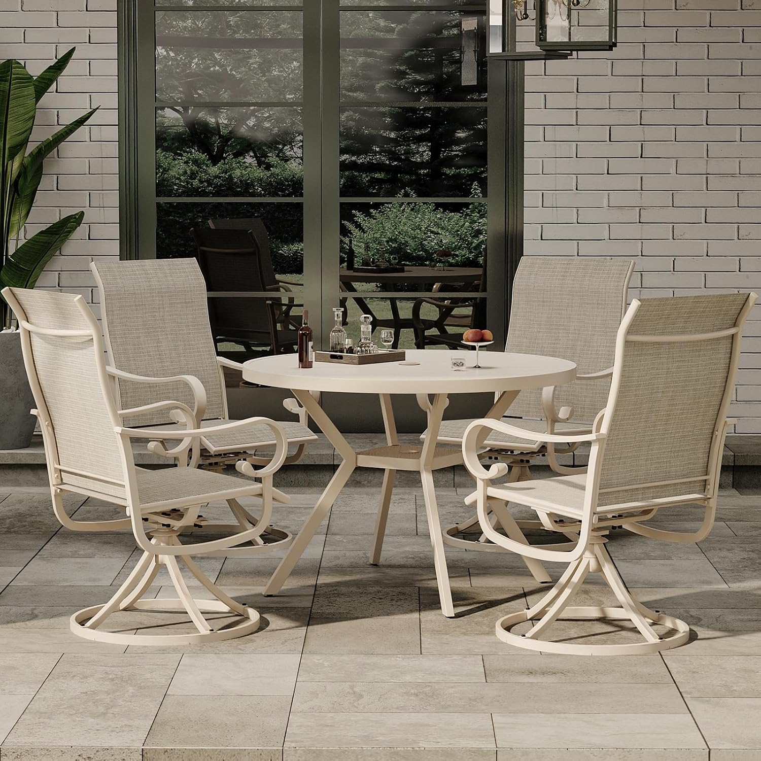 42" Outdoor Patio Table Dining Table All Weather Metal Round Patio Dining Table with Adjustable Umbrella Hole Patio Furniture for Lawn Garden Backyard, Sandshell